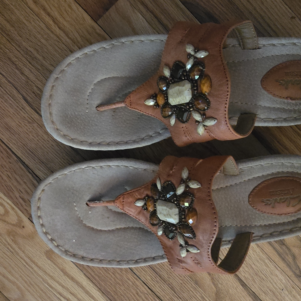 Clarks Orange/Brown Sandals with Floral Embellishments